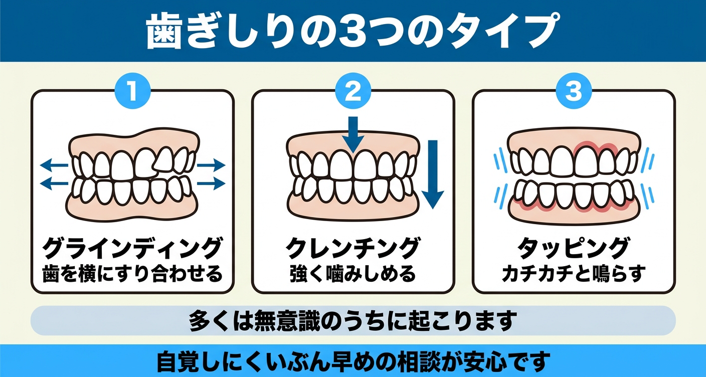 歯ぎしり(ブラキシズム)の3タイプを横並びで示した図解