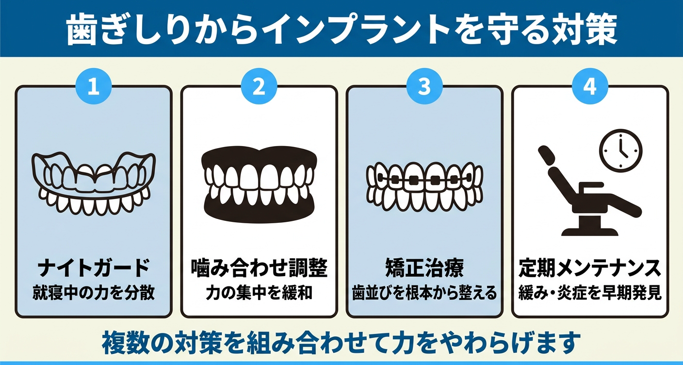 歯ぎしりがある人のインプラント対策を4つ並べた図解