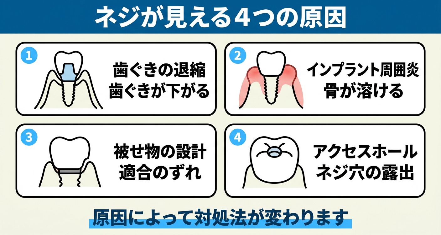 インプラントのネジが見える主な原因を4つに整理した図解。