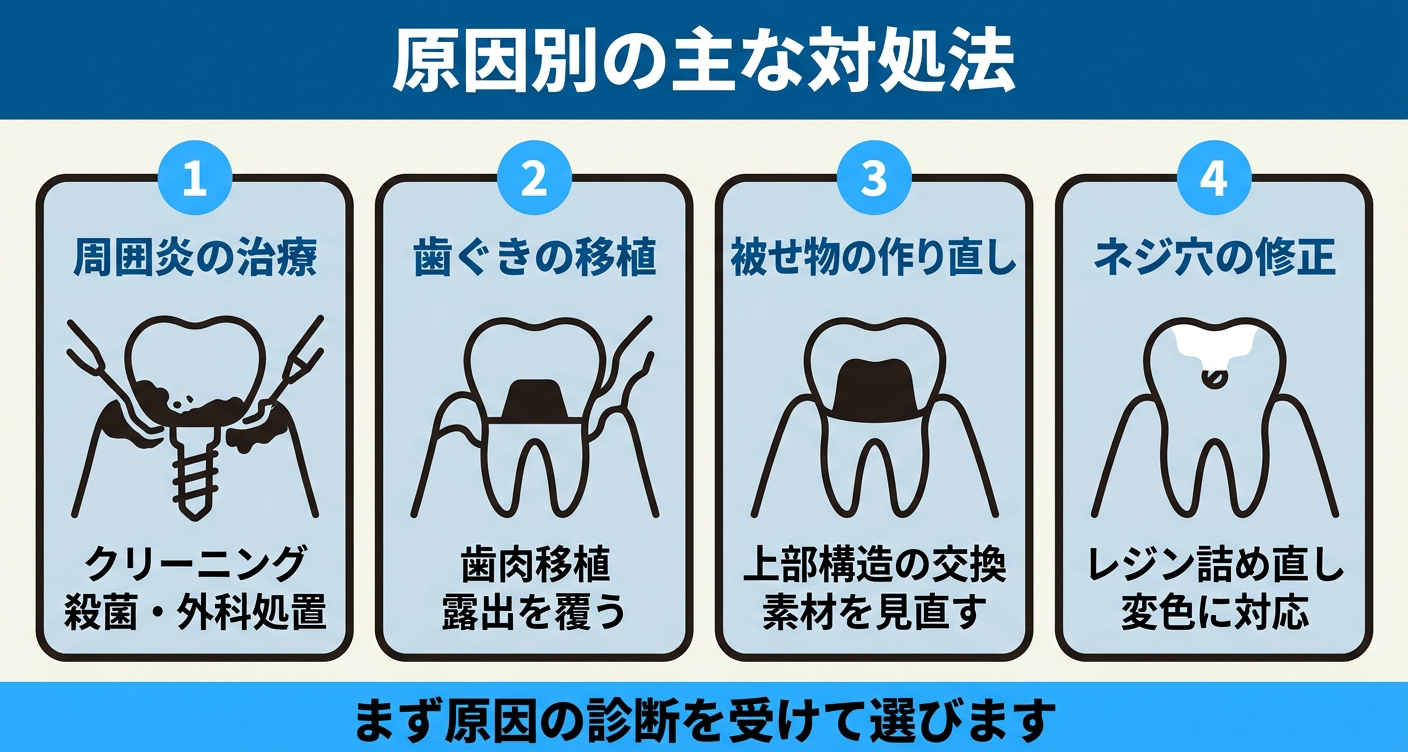インプラントのネジが見えるときの対処法を原因別に整理した図解。
