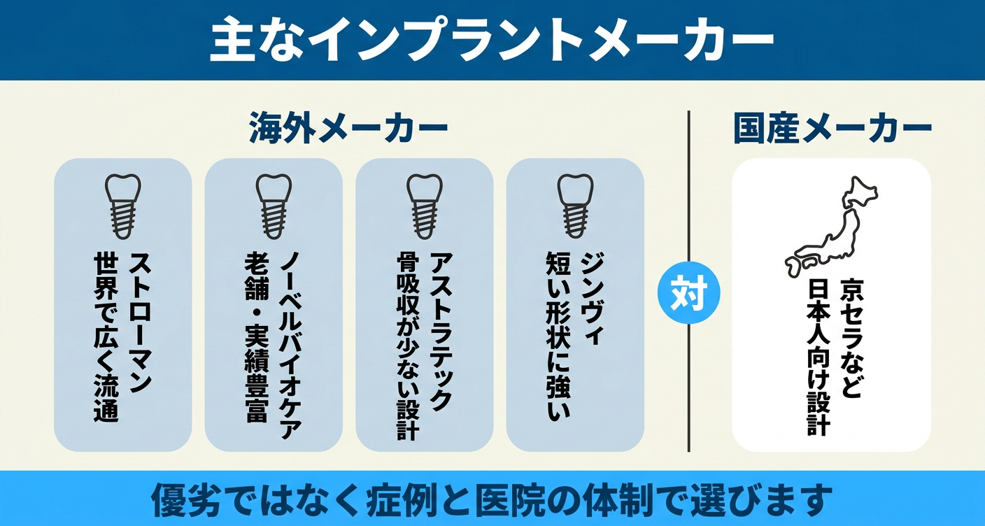 主なインプラントメーカーを海外メーカーと国産メーカーで対比した図解。