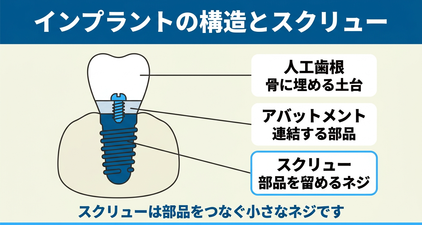 インプラントのスクリューの位置を構造図で示した図解。