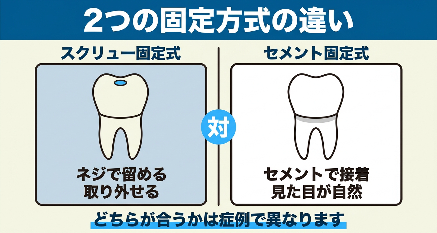 インプラントの上部構造の固定方式を比較した図解。