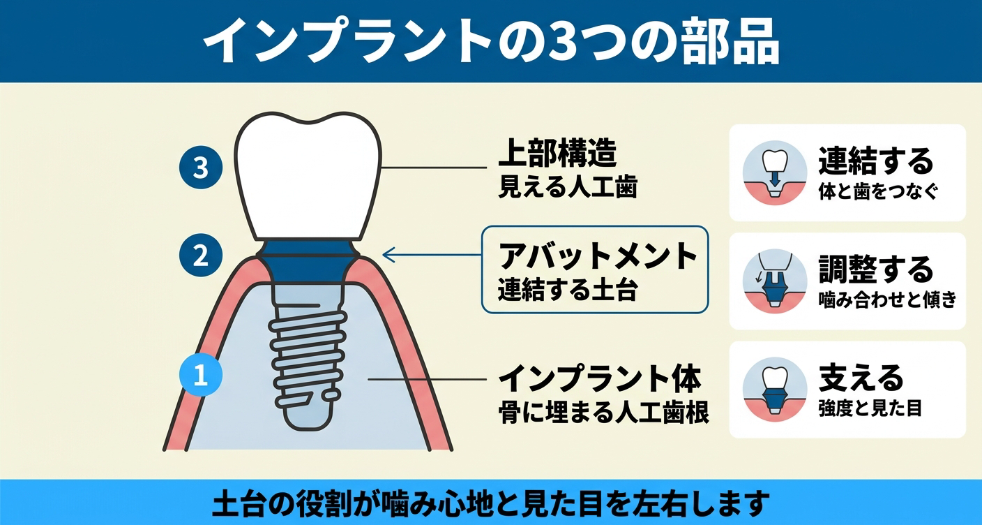 インプラントの3部品構造とアバットメントの役割を示した図解。