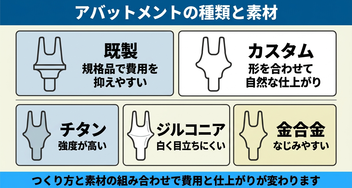 アバットメントの種類と素材を整理した図解。