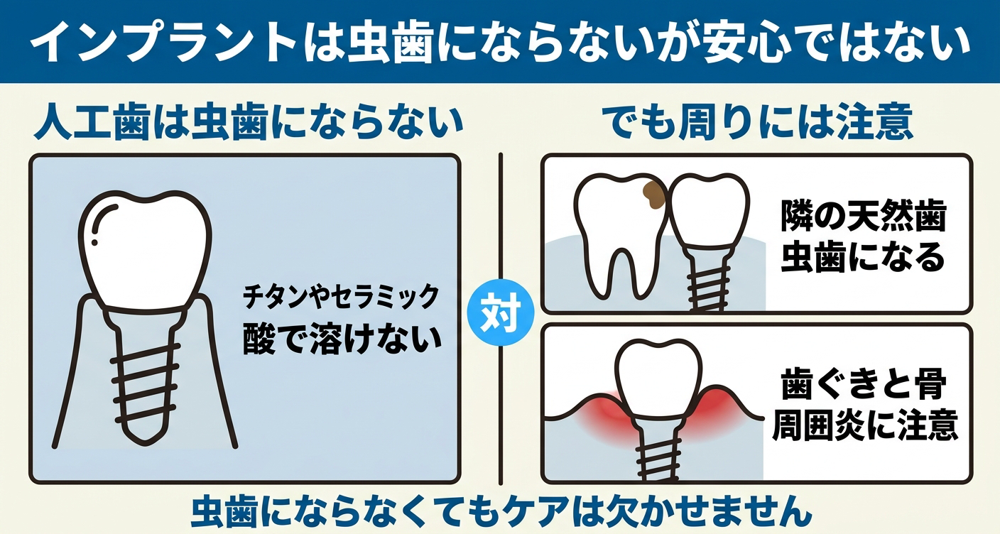 インプラント自体は虫歯にならない仕組みと注意点を示した図解。