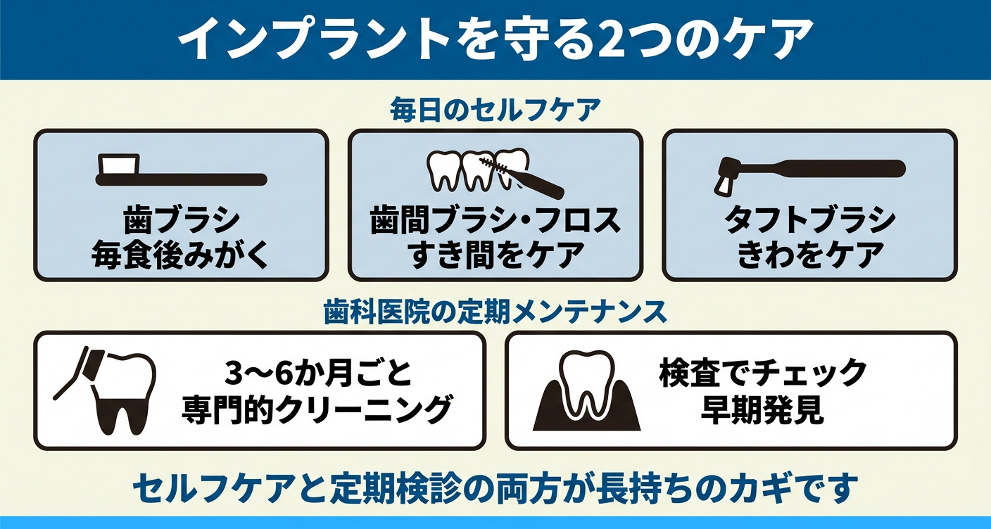 インプラントの虫歯や周囲炎を防ぐケアを整理した図解。