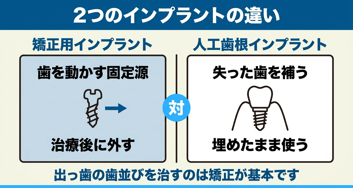 出っ歯とインプラントの関係を、歯を動かす固定源の矯正用インプラントと、失った歯を補う人工歯根インプラントに分けて対比した図解。出っ歯の歯並びを治すのは矯正が基本であることを中立に示す。