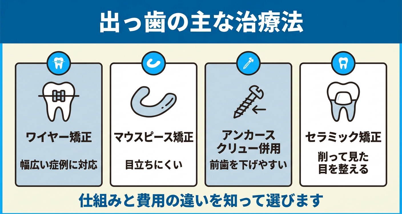 出っ歯の主な治療法を4つのパネルで中立に比較した図解。ワイヤー矯正・マウスピース矯正・アンカースクリュー併用・セラミック矯正を並べ、それぞれの仕組みと特徴の違いを知って選ぶ大切さを伝える出っ歯インプラント関連の解説イラスト。
