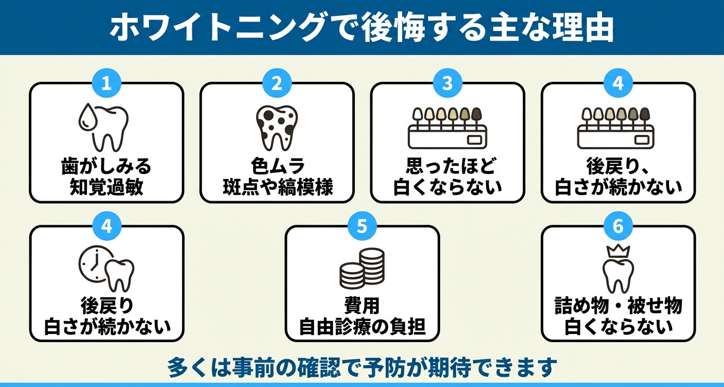 ホワイトニングで後悔する主な理由を6つのカードで整理した図解。歯がしみる知覚過敏、色ムラ、思ったほど白くならない、後戻り、費用、詰め物や被せ物が白くならないを並べ、多くは事前の確認で予防が期待できることを伝える。