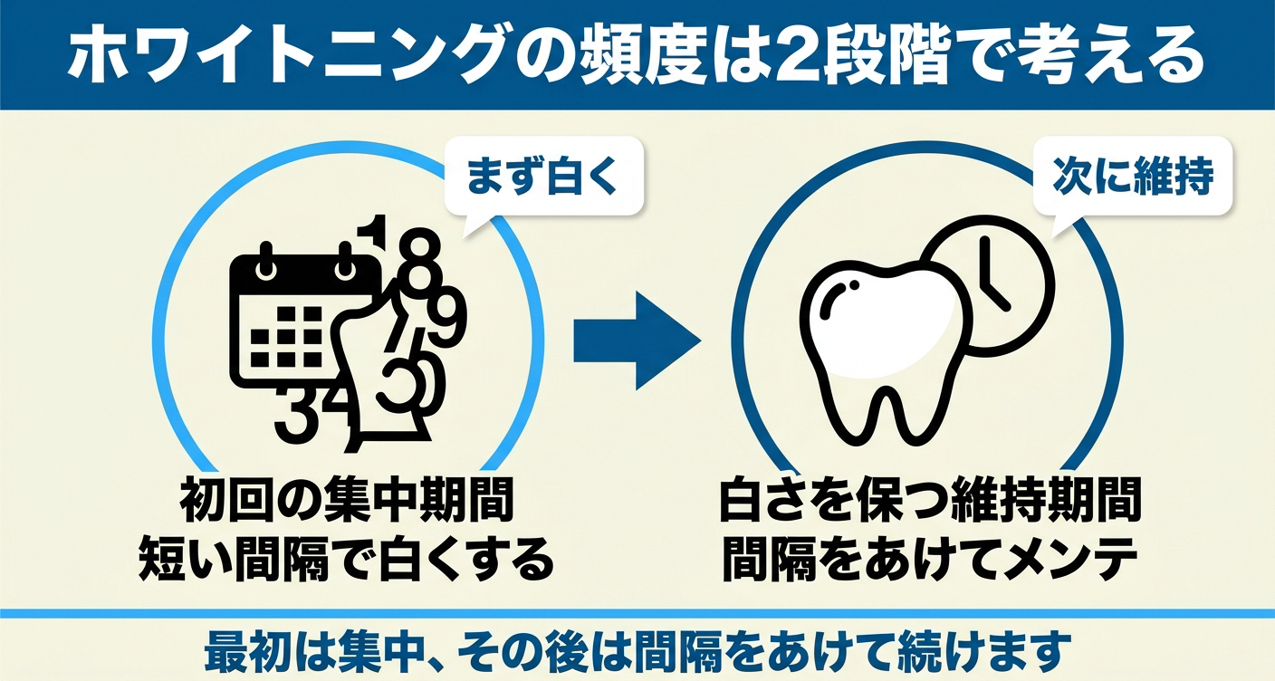 ホワイトニングの頻度を初回の集中期間と白さを保つ維持期間の2段階で示した図解。まず短い間隔で白くし、その後は間隔をあけてメンテナンスするという考え方を、矢印でつないだ2つの円形パネルで分かりやすく整理している。
