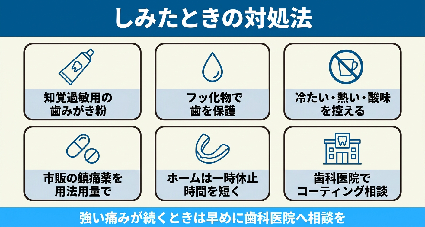 ホワイトニングで知覚過敏がしみたときの対処法を6つのカードで整理した図解。知覚過敏用の歯みがき粉やフッ化物、刺激物を控える、市販の鎮痛薬、ホームホワイトニングの休止、歯科医院でのコーティング相談を並べ、強い痛みが続くときは受診を促す。