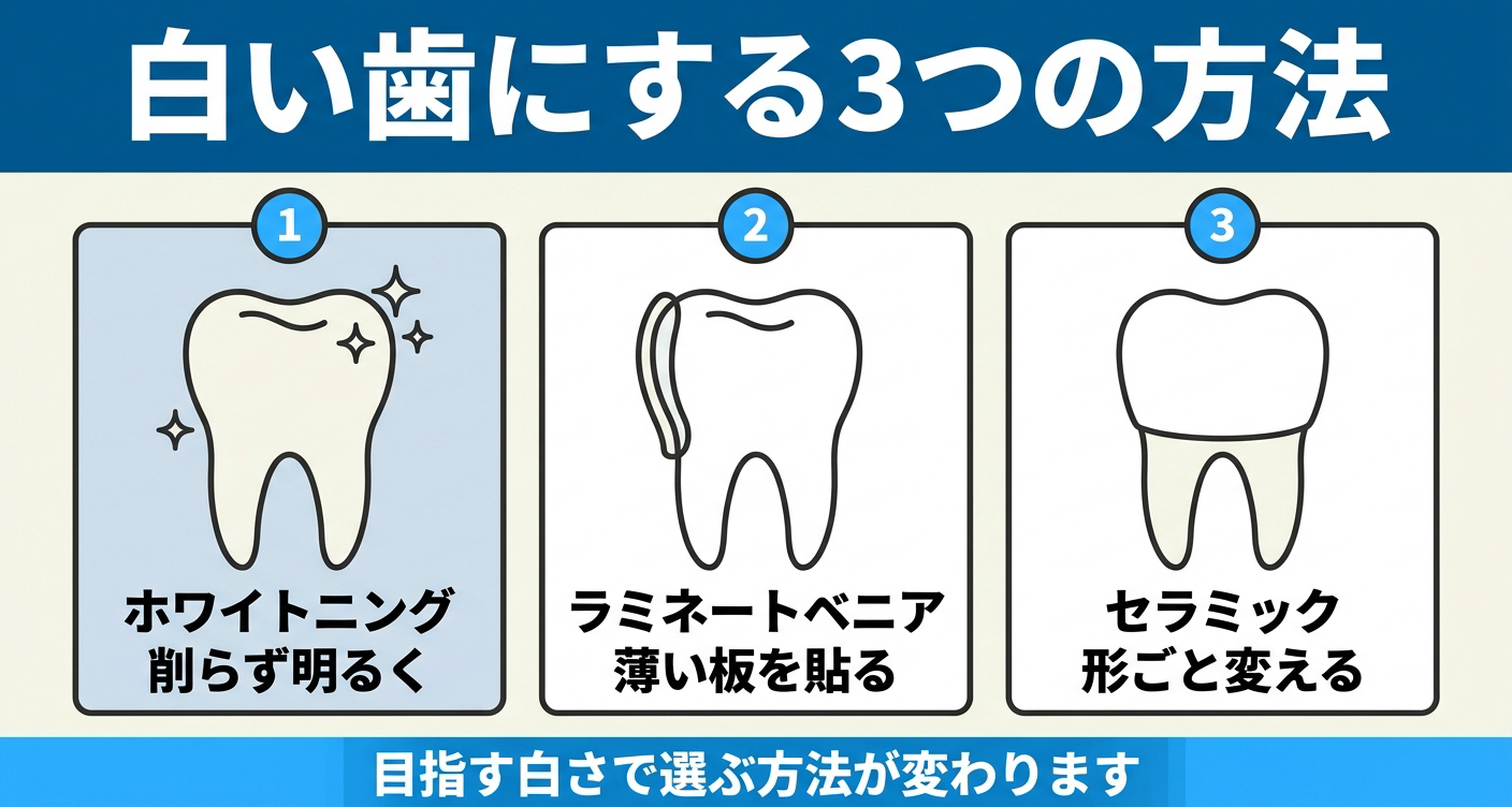 芸能人のような白い歯を目指す3つの方法を比較した図解