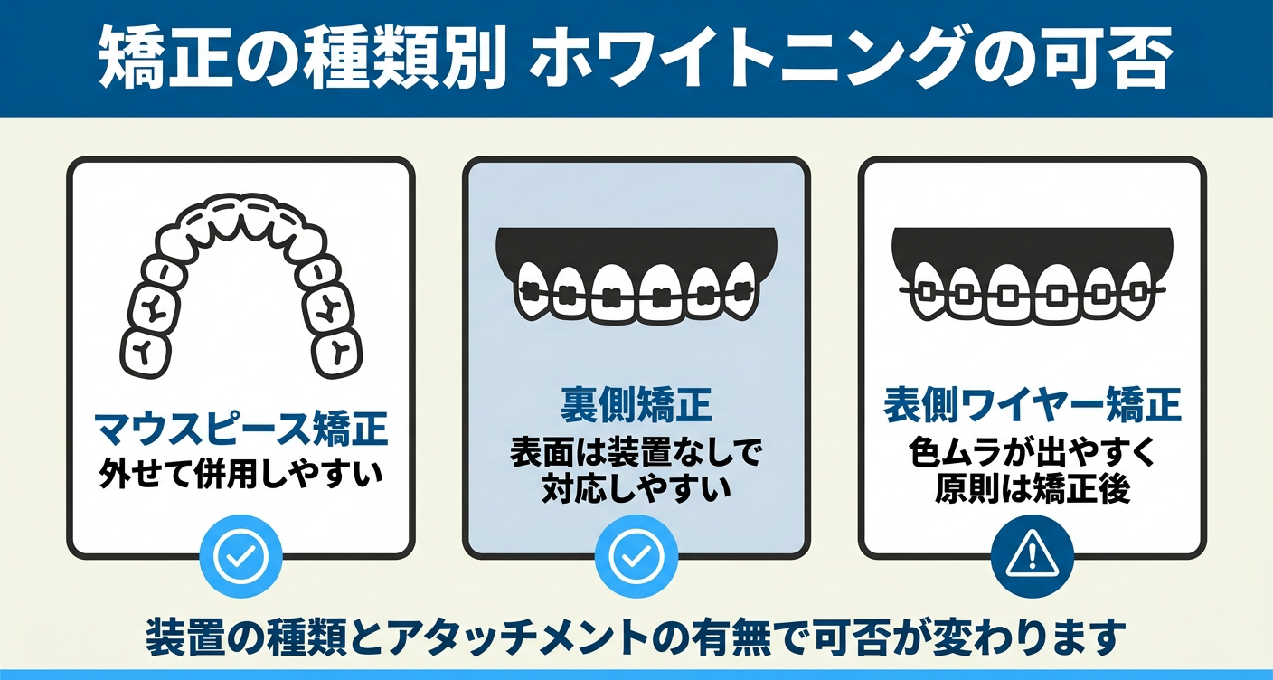 矯正の種類別に矯正中のホワイトニングの可否を整理した図解