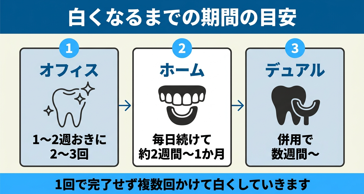 ホワイトニングで白くなるまでの期間・回数の目安を種類別に示した図解