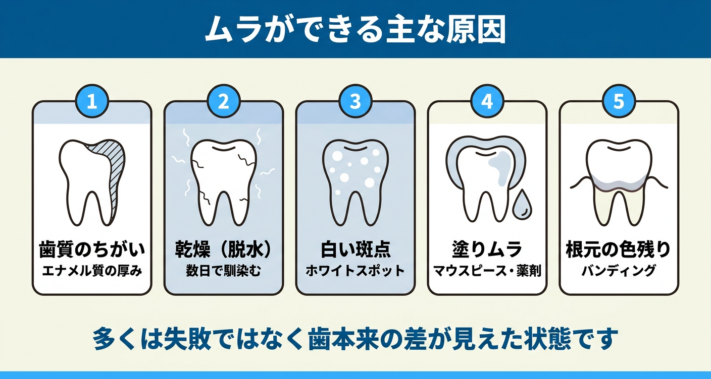 ホワイトニングでムラ・まだらになる主な原因を整理した図解