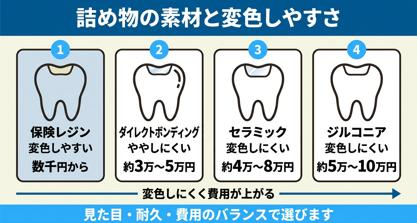 詰め物・被せ物の素材を保険レジンからダイレクトボンディング・セラミック・ジルコニアまで4種類で比較し、変色しやすさと税込費用の目安を並べた図解。右にいくほど変色しにくく費用が上がること、見た目・耐久・費用のバランスで選ぶことを伝える。