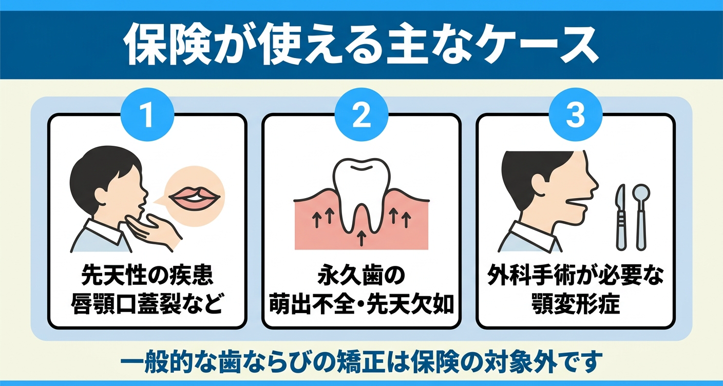 小児矯正で健康保険が使える主な3ケースを示した図解。唇顎口蓋裂などの先天性疾患、永久歯の萌出不全や先天欠如、外科手術が必要な顎変形症を並べ、一般的な歯並びの矯正は保険適用外であることを伝える歯科情報イラスト。