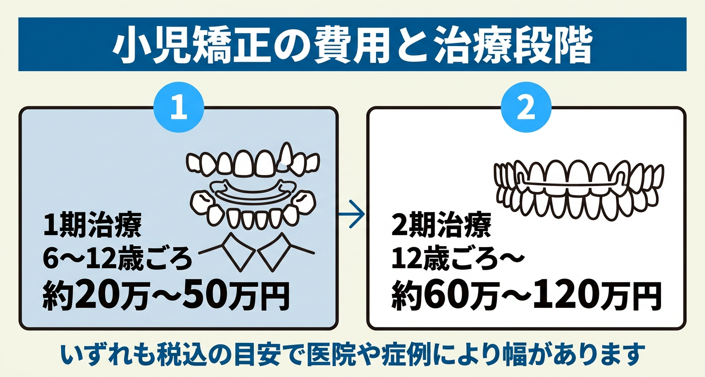 自費の小児矯正の費用相場を1期治療と2期治療の2段階で示した図解。6〜12歳ごろの1期治療が約20万〜50万円、12歳ごろからの2期治療が約60万〜120万円（いずれも税込の目安）で、医院や症例により幅があることを伝える歯科情報イラスト。