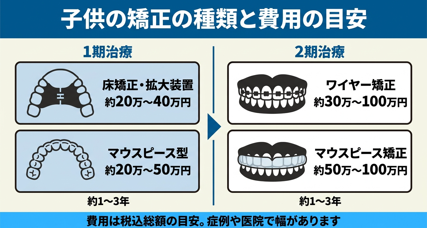 子供の歯列矯正の種類と費用・期間の目安を1期治療と2期治療で対比した図解。1期は床矯正やマウスピース型で約20万〜50万円、2期はワイヤーやマウスピース矯正で約30万〜100万円、いずれも約1〜3年が目安で、税込総額は症例や医院で幅があることを示す。