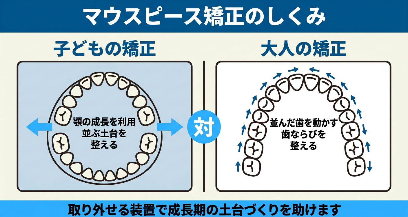 小児矯正のマウスピースの仕組みを大人の矯正と対比した図解
