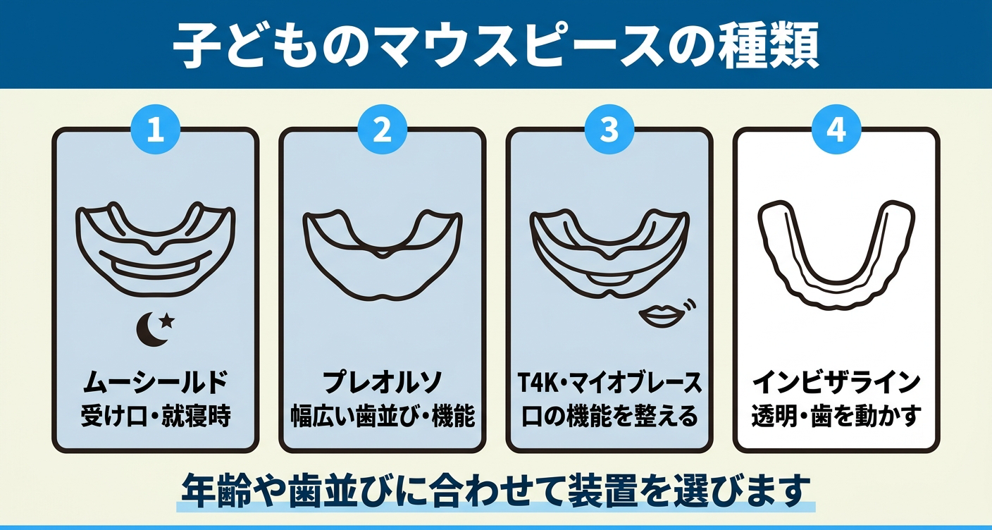 小児矯正のマウスピースの主な種類を4つ並べた図解