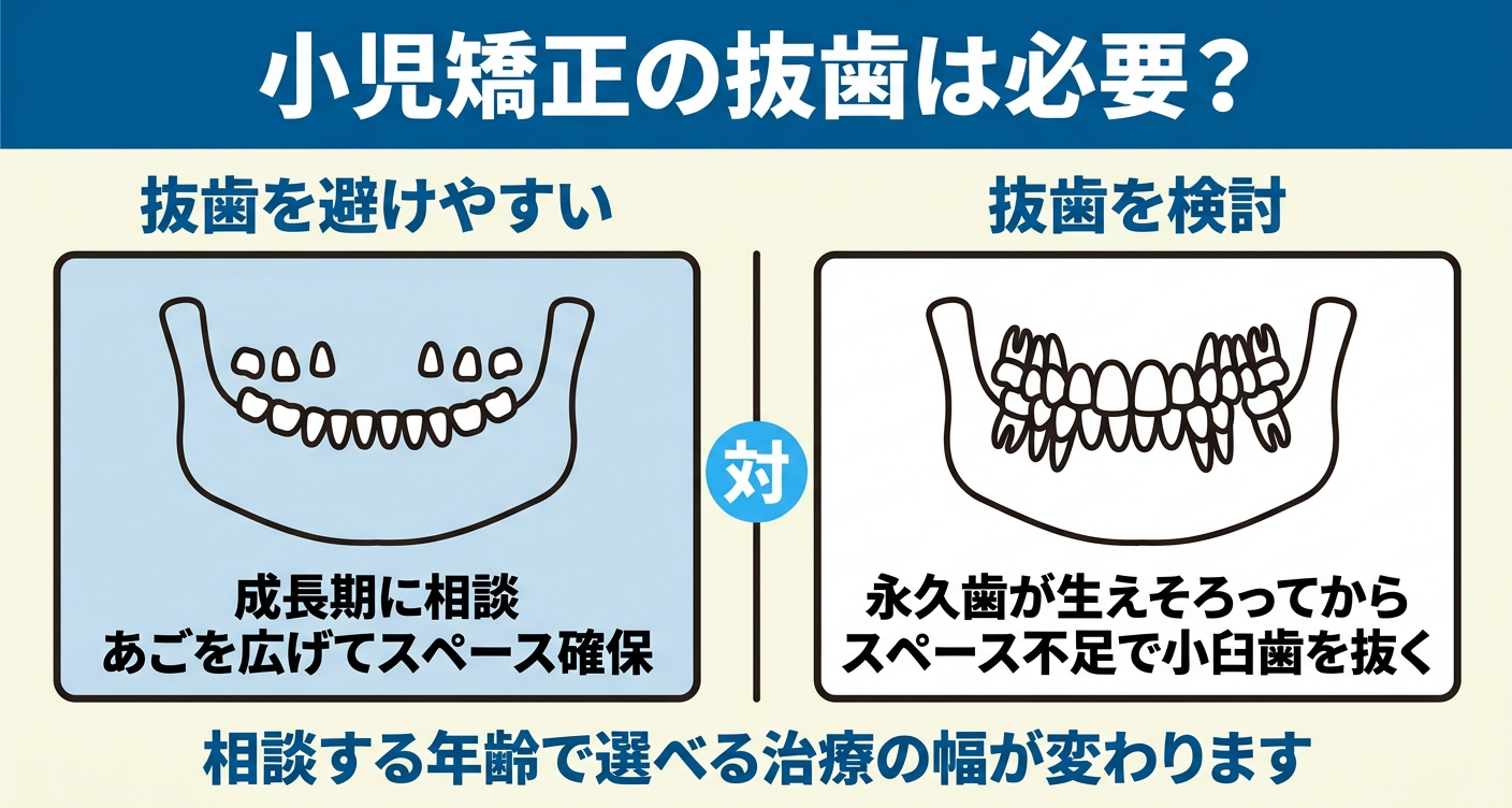 小児矯正で抜歯が必要かを、抜歯を避けやすいケースと抜歯を検討するケースで対比した図解。成長期にあごを広げてスペースを確保する場合と、永久歯が生えそろってからスペース不足で小臼歯を抜く場合を並べ、相談する年齢で治療の幅が変わることを示す。