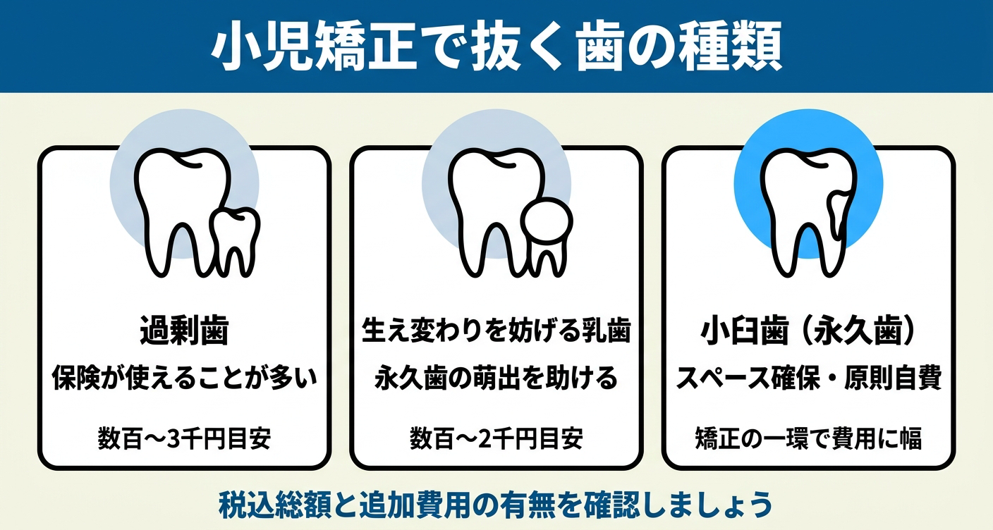 小児矯正で抜歯する歯の種類を過剰歯・生え変わりを妨げる乳歯・小臼歯の3つのカードで整理した図解。過剰歯や乳歯は保険が使えることが多く数百〜数千円、小臼歯はスペース確保のための原則自費の抜歯であることを示し、税込総額と追加費用の確認を促す。
