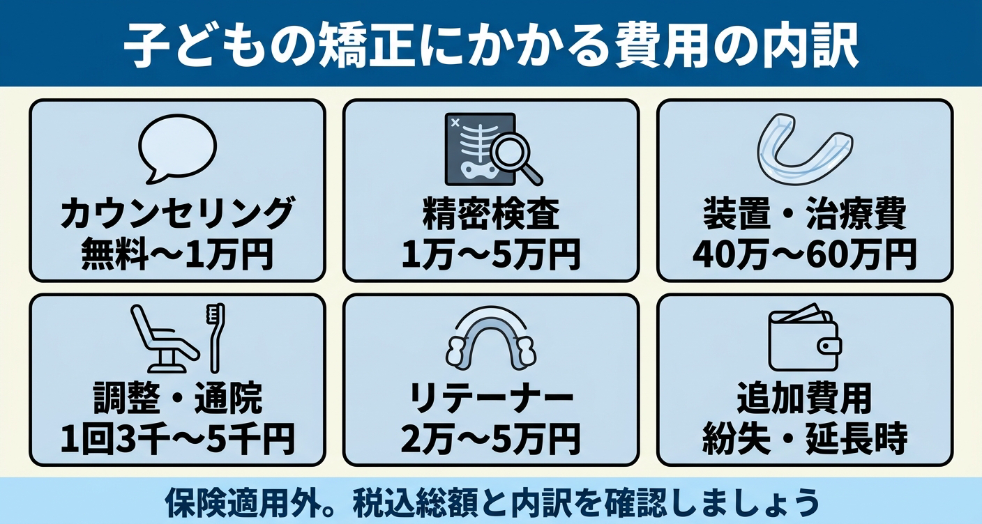 小児矯正のインビザライン（インビザライン・ファースト）にかかる費用の内訳を6つのカードで示した図解。カウンセリング・精密検査・装置治療費・調整通院・リテーナー・追加費用の税込目安を並べ、自由診療では税込総額と内訳の確認が大切であることを伝える。