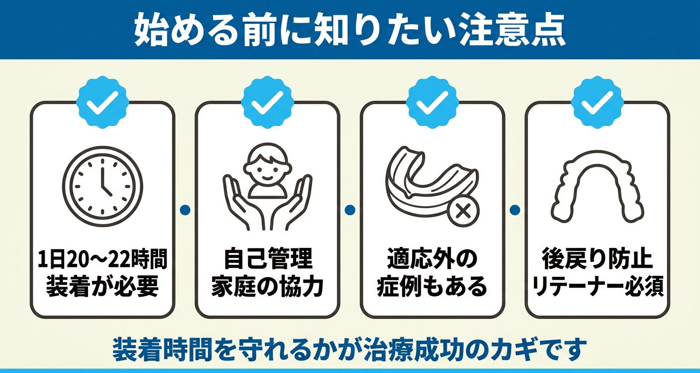 小児矯正のインビザライン（インビザライン・ファースト）を始める前の注意点を4つのパネルで示した図解。1日20〜22時間の装着、家庭の自己管理、適応外の症例、後戻り防止のリテーナー必須を並べ、装着時間の管理が治療計画に影響することを伝える。