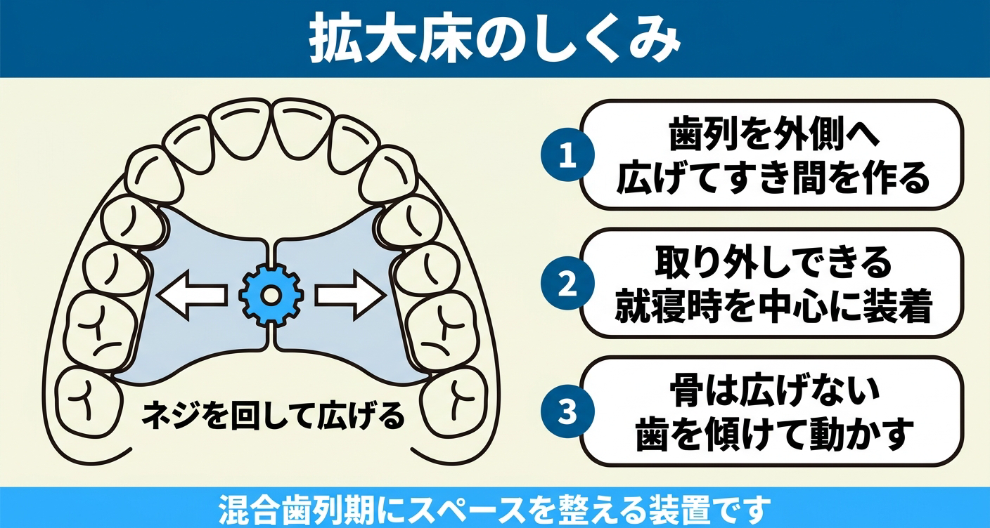 子供の拡大床の仕組みを示した図解。上あごの歯並びの馬蹄形アーチに取り外し式の床と中央の拡大ネジを重ね、ネジを回して歯列を外側へ広げる流れと、取り外しできること、骨ではなく歯を傾けて動かすことを3つのパネルで整理する。
