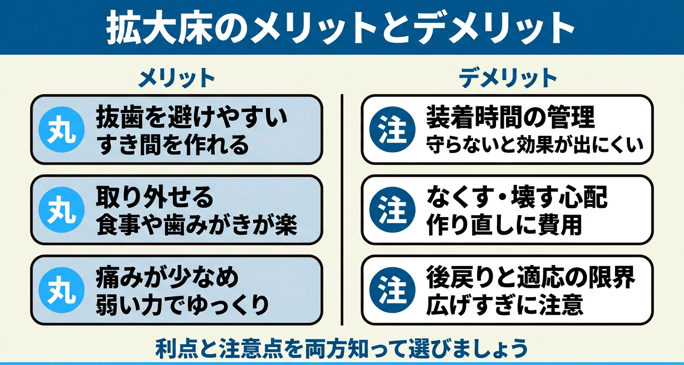 子供の拡大床のメリットとデメリットを左右で対比した図解。メリットは抜歯を避けられる可能性・取り外せる・痛みに配慮しやすい、デメリットは装着時間の管理・紛失や破損・後戻りと適応の限界を並べ、利点と注意点を両方知って選ぶことを示す。