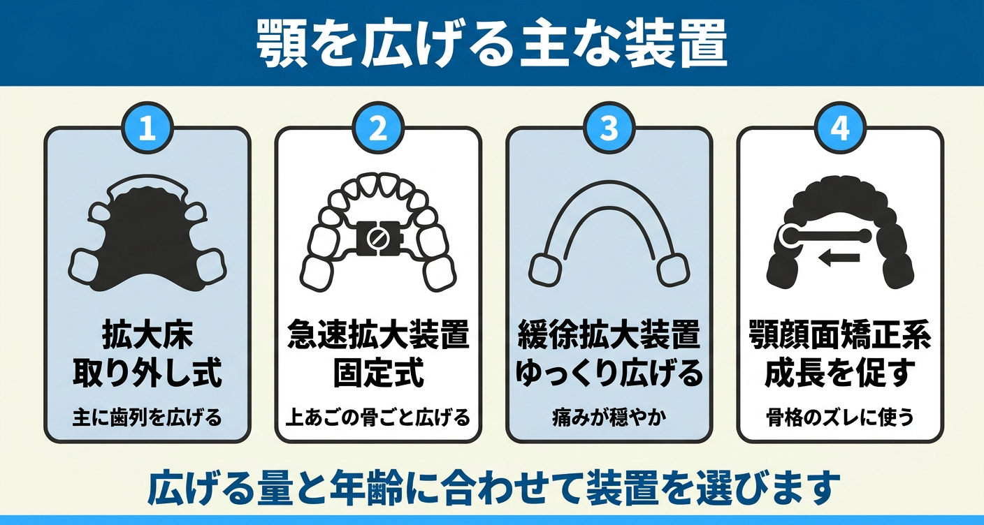 小児矯正で顎を広げる主な装置を4種類で比較した図解。取り外し式の拡大床、固定式で上顎の骨の幅を広げることを目的に使う急速拡大装置、痛みが比較的穏やかな場合がある緩徐拡大装置、骨格のズレに使う顎顔面矯正系の装置を並べ、広げる量と年齢に合わせて装置を選ぶことを示している。