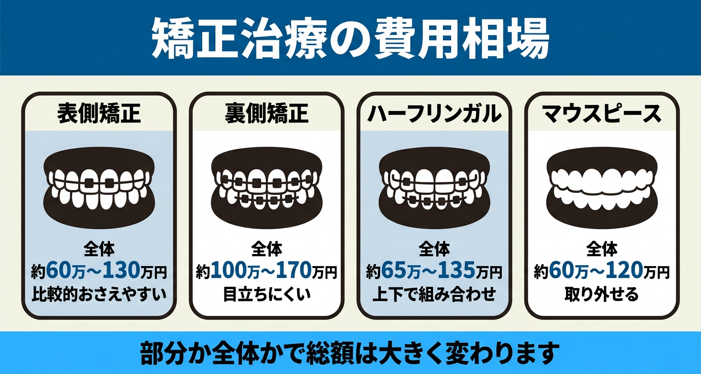 矯正治療の費用相場を表側矯正・裏側矯正・ハーフリンガル・マウスピース矯正で比較した図解