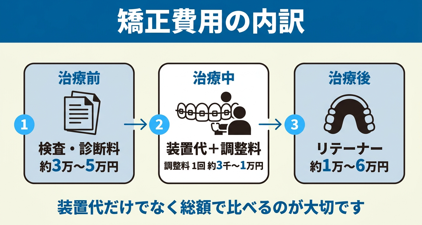 矯正治療の費用内訳を治療前・治療中・治療後の3段階で整理した図解