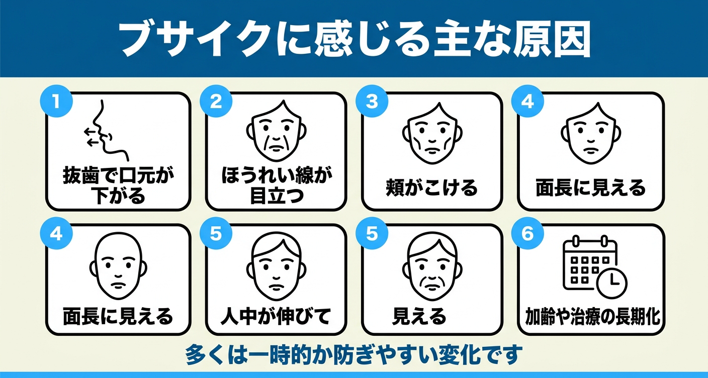 歯列矯正で見た目が変わったと感じる主な原因を口元・頬・面長・加齢などで整理した図解