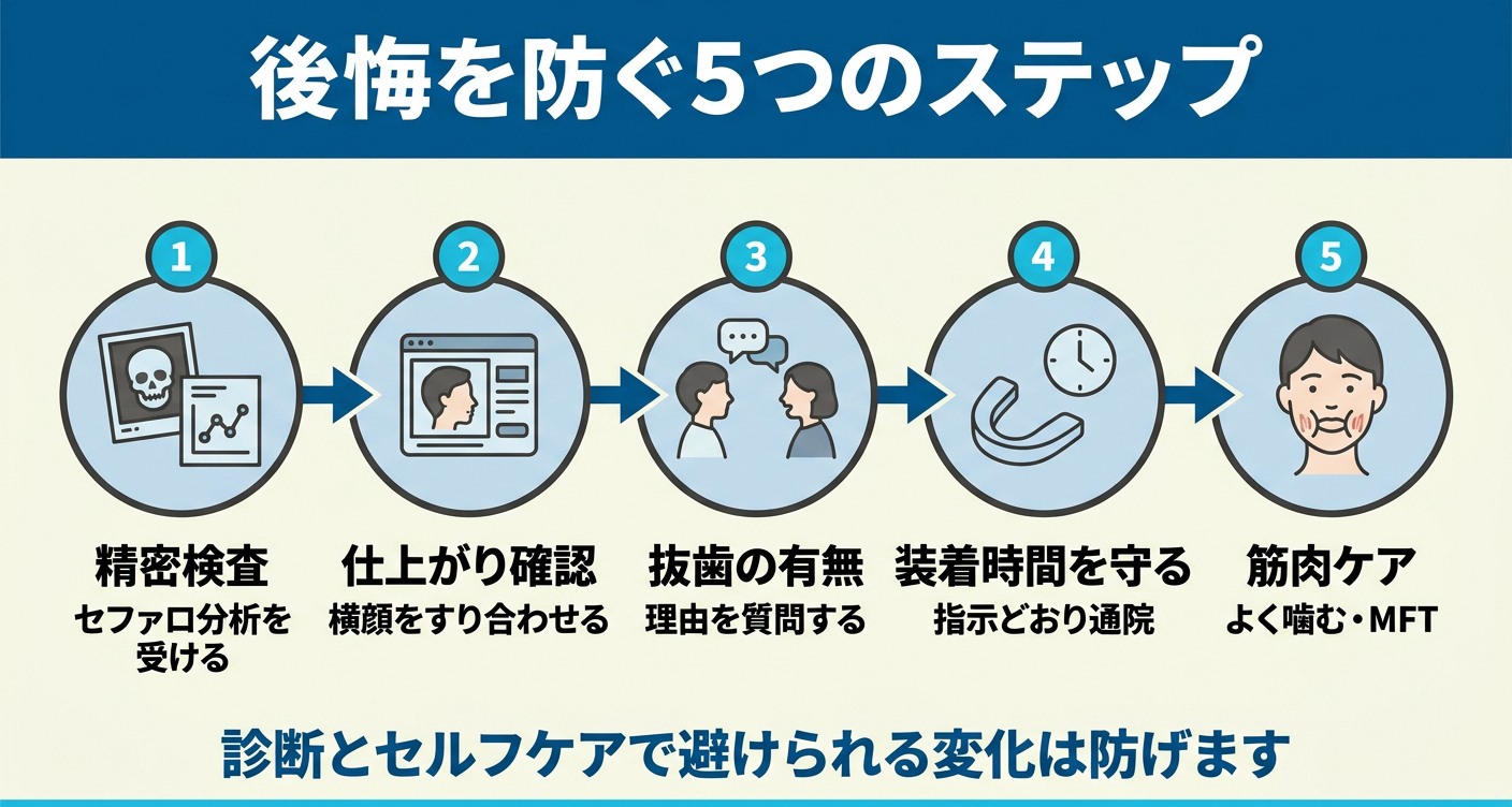 歯列矯正で見た目の変化を防ぐための治療前・治療中の対策を整理した図解