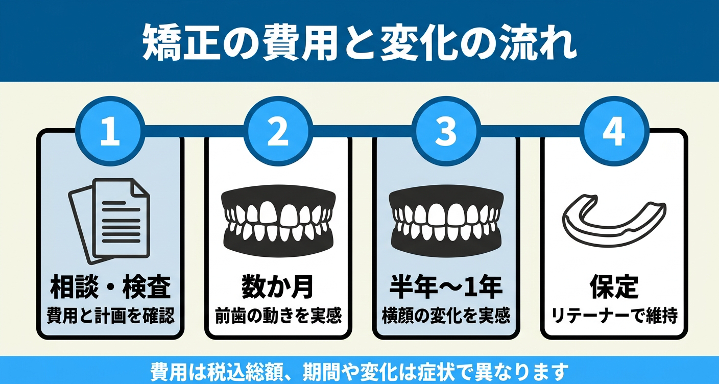 歯列矯正のビフォーアフターにかかる費用と変化の流れを示した図解