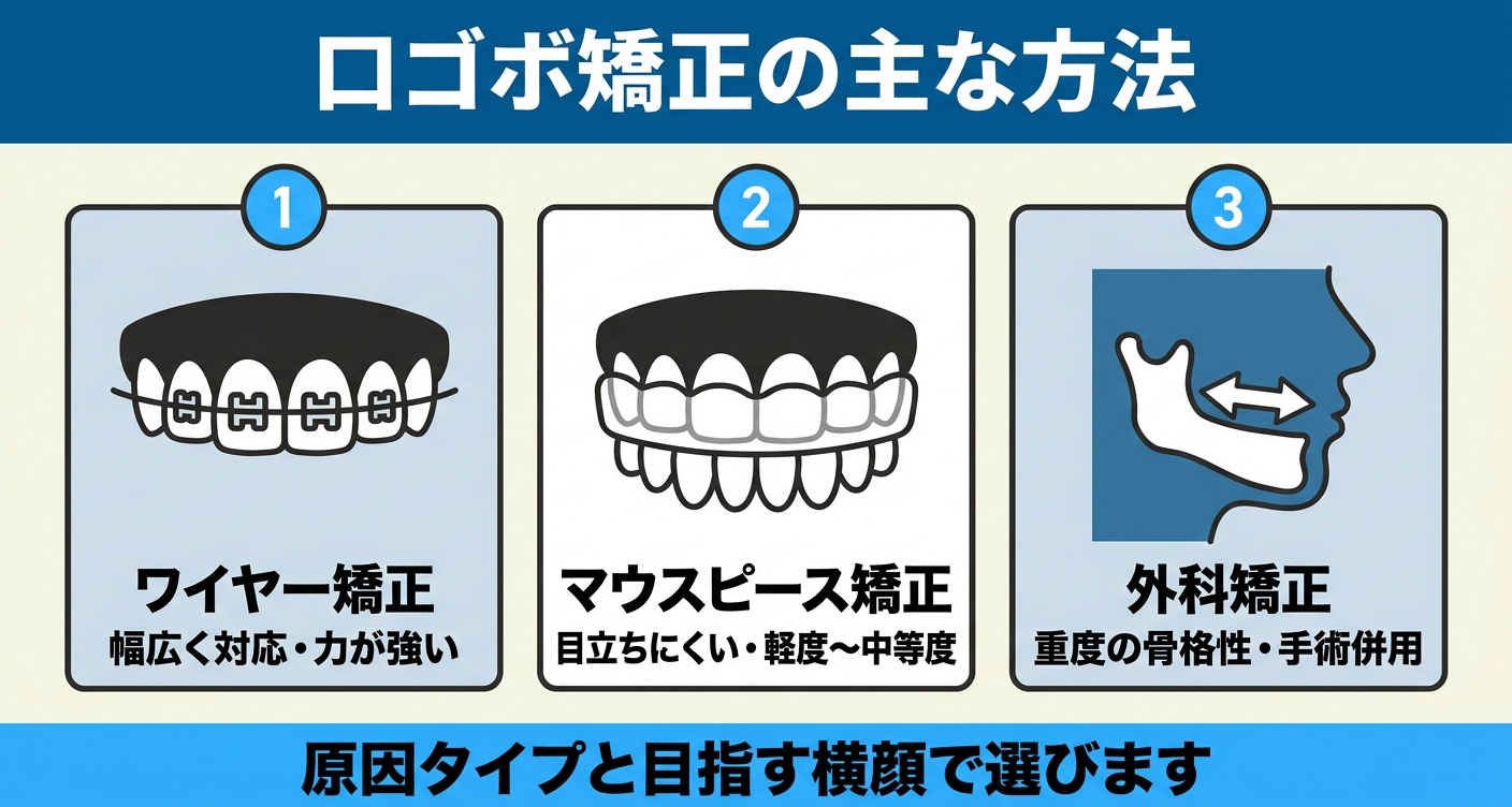 口ゴボの歯列矯正の主な方法を比較した図解。幅広く対応し力が強いワイヤー矯正、目立ちにくく軽度〜中等度向きのマウスピース矯正、重度の骨格性で手術を併用する外科矯正を並べ、原因タイプと目指す横顔に合わせて選ぶことを示す。