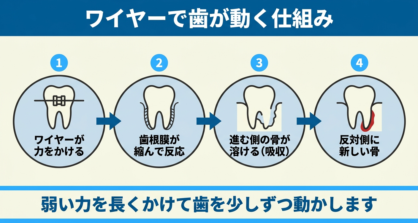 ワイヤー矯正で歯が動く仕組みを4ステップで示した図解