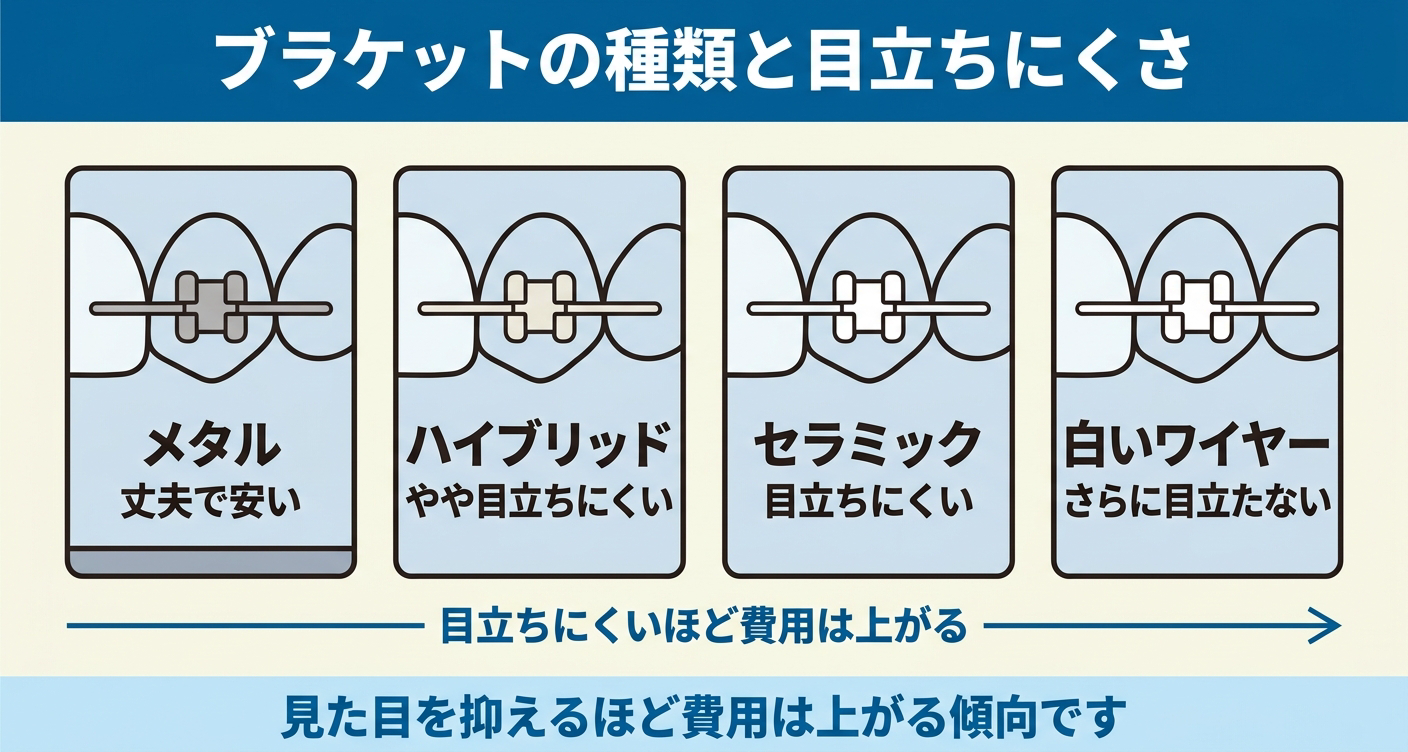 ワイヤー矯正のブラケットとワイヤーの種類を目立ちにくさで比較した図解