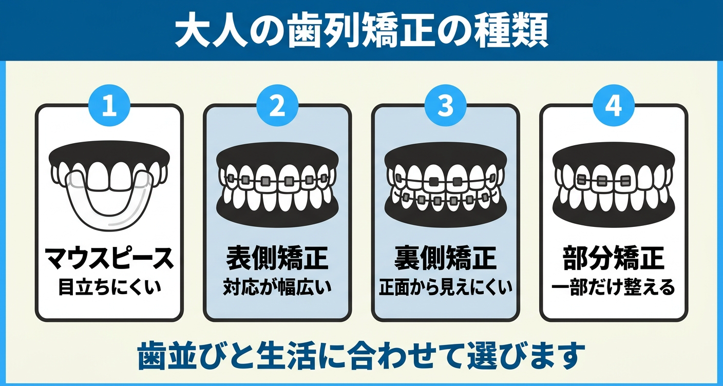 大人の歯列矯正の主な種類を比較した図解