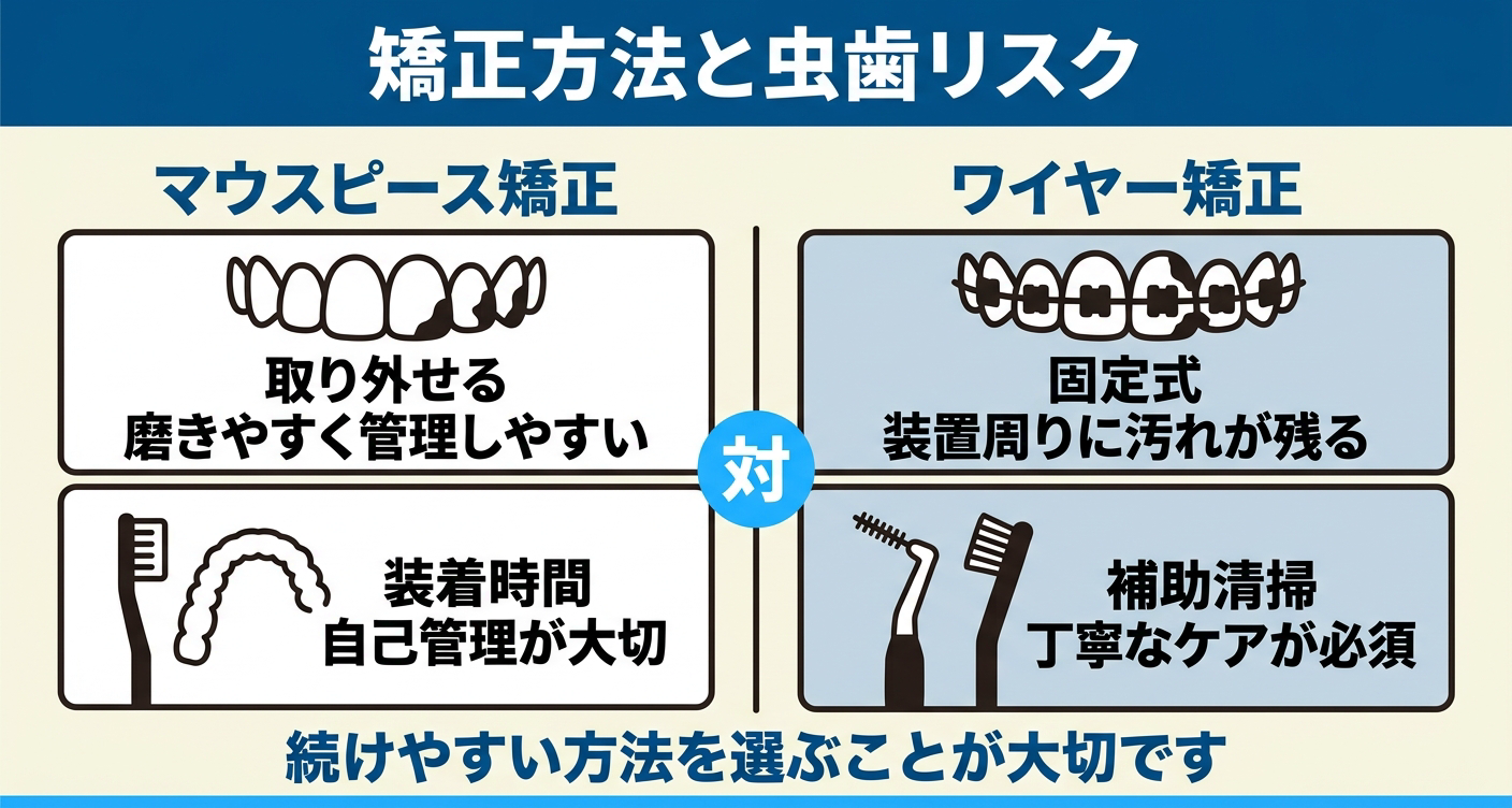 マウスピース矯正とワイヤー矯正の虫歯リスクを左右で対比した図解。取り外せて磨きやすいマウスピースと、固定式で装置周りに汚れが残りやすいワイヤーを並べ、歯列矯正中の虫歯対策には続けやすい方法選びと丁寧なケアが大切なことを示す。