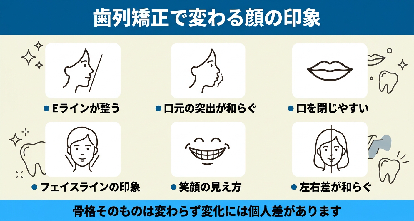 歯列矯正で変わる顔の印象を6枚のカードで整理した図解。Eラインが整って見えることがある、口元の突出が和らぐことがある、口を閉じやすくなることがある、フェイスラインの印象が変わることがある、笑顔の見え方が変わることがある、左右差が和らいで見えることがあるといった変化を並べ、骨格そのものは変わらず変化には個人差があることを示している。