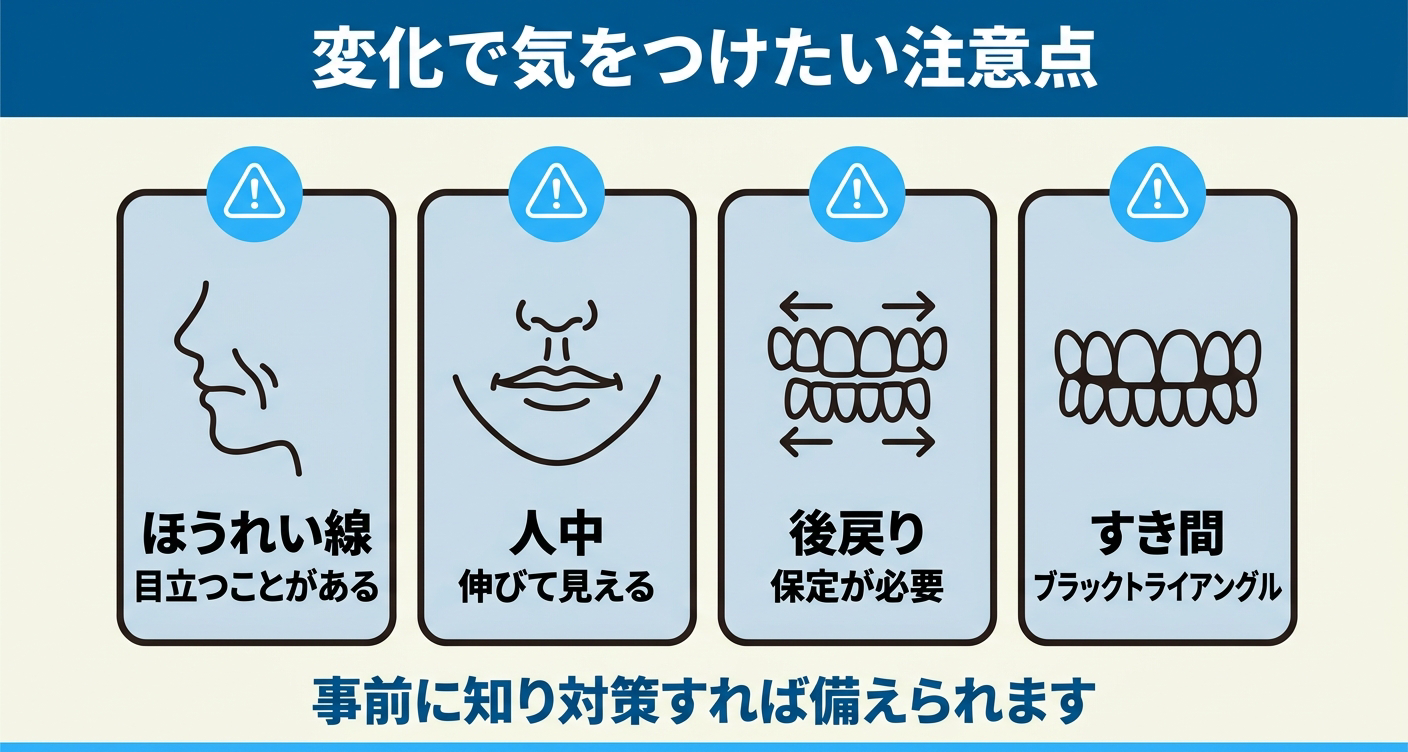 歯列矯正の変化で気をつけたい注意点を4枚のパネルで整理した図解。ほうれい線が目立つことがある、人中が伸びて見える、後戻りには保定が必要、ブラックトライアングルのすき間といった点を並べ、事前に知り対策すれば備えられることを示している。