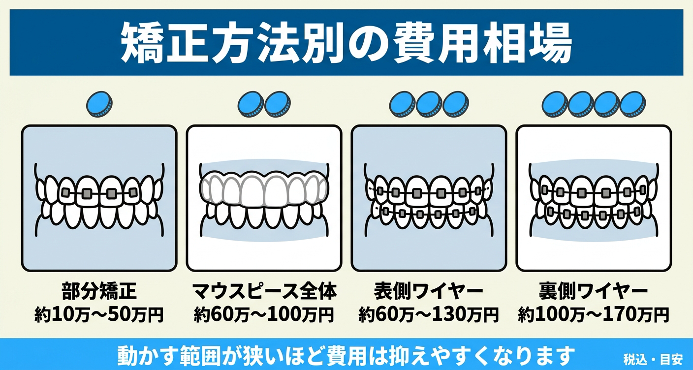 歯列矯正の費用相場を安い順に4段階で比較した図解。部分矯正の約10万〜50万円から、マウスピース全体、表側ワイヤー、裏側ワイヤーの約100万〜170万円まで税込目安を並べ、動かす範囲が狭いほど費用を抑えやすいことを伝える。