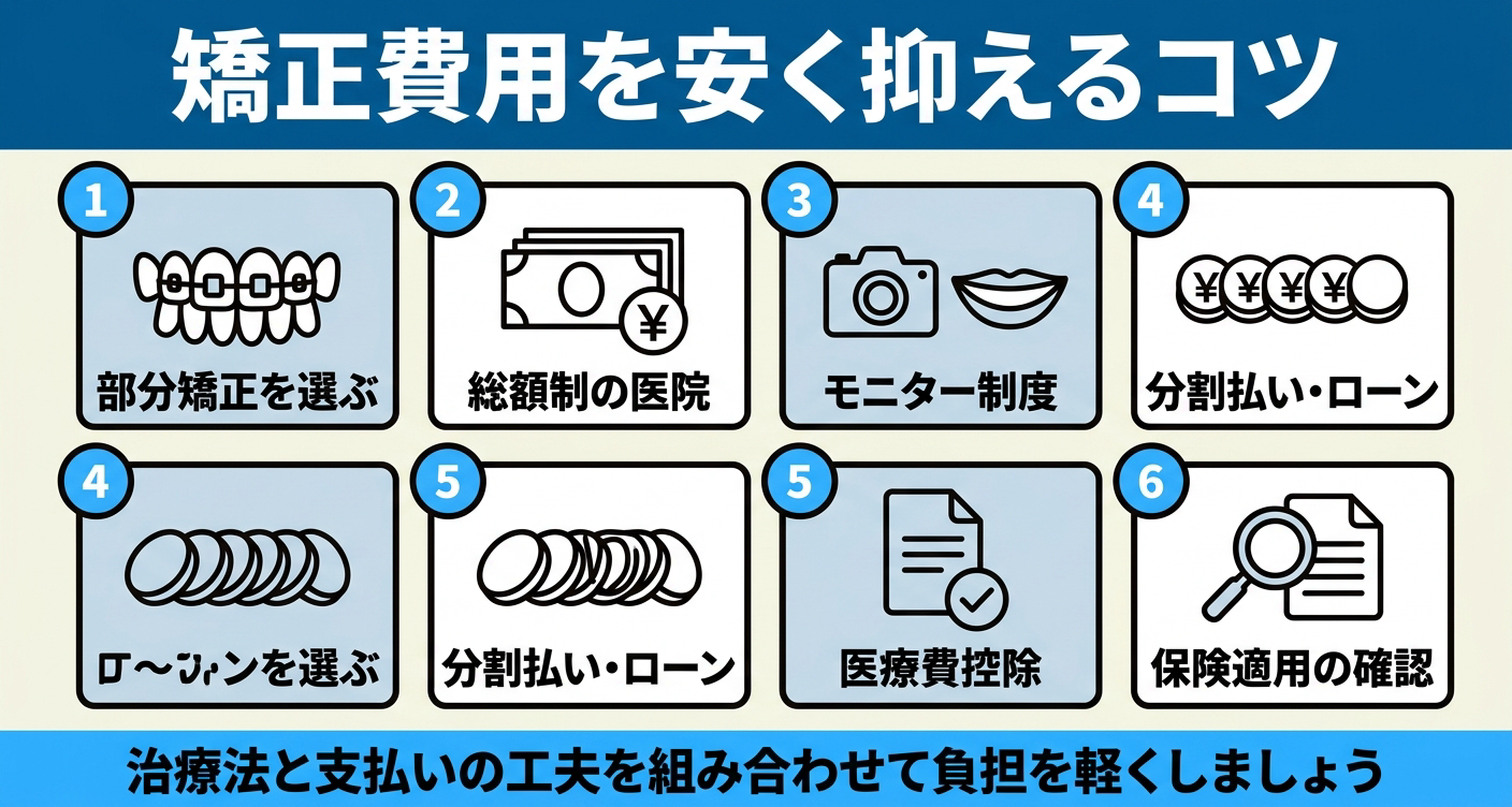歯列矯正の費用を安く抑える6つの方法をグリッドで整理した図解。部分矯正を選ぶ、総額制の医院、モニター制度、分割払い・ローン、医療費控除、保険適用の確認を並べ、治療法と支払いの工夫を組み合わせて負担を軽くするコツを示す。