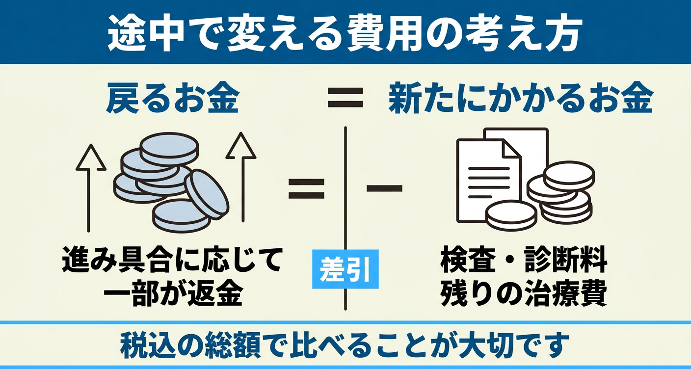 矯正歯科を途中で変える費用の全体像を示した図解。進み具合に応じて一部が返金される「戻るお金」と、検査・診断料や残りの治療費といった「新たにかかるお金」を左右で対比し、税込の総額で比較することが大切だと伝える。