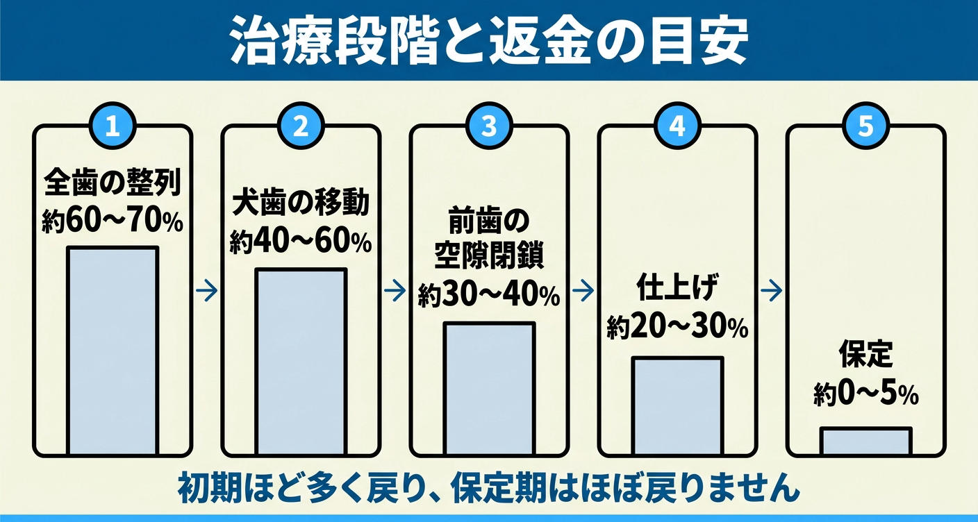 矯正歯科の転院時に返金される費用の段階別の目安を、全歯の整列から保定まで5段階で示した図解。全歯の整列で約60〜70%、保定で約0〜5%と、初期ほど返金が多く終盤ほど少なくなることを棒グラフの高さで表している。