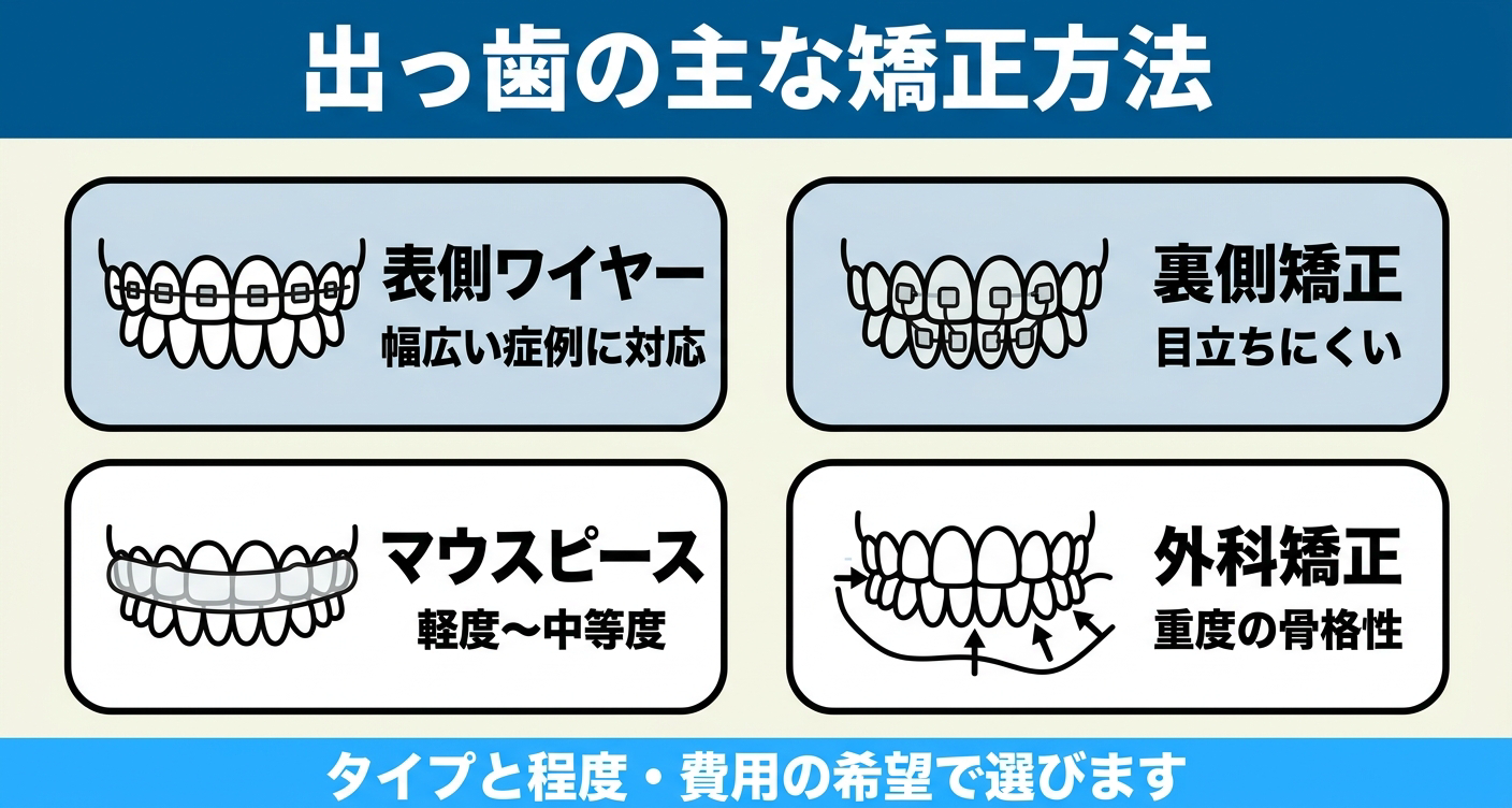 出っ歯の歯列矯正の主な方法を整理した図解